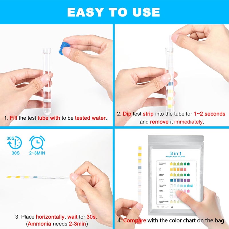 DATOO 8 in 1 Aquarium Test Kit Fish Tank Test Strips Accurate Water Quality Testing Strips for Ammonia PH Total Alkalinity Carbonate Hardness Free Chlorine Nitrate Nitrite Temperature (100 Strips) - Image 5